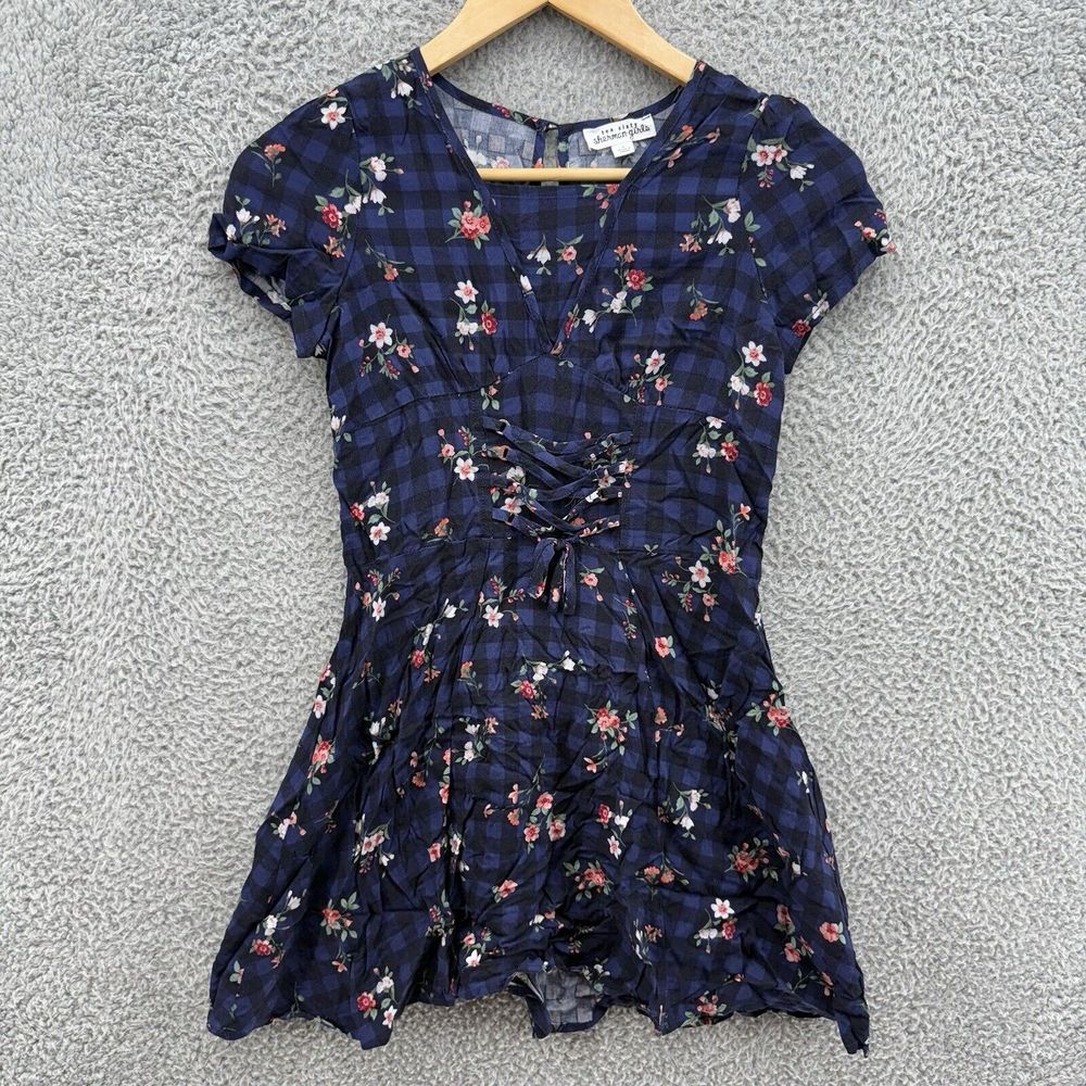 Ten‎ Sixty Sherman Girls L Navy Plaid Floral Fit Flare Dress V-Neck Short Sleeve